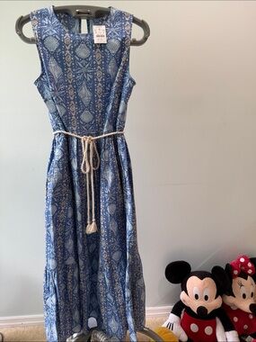 Brand new!!! J. Crew Blue Printed Maxi Dress with Rope Tie size 8